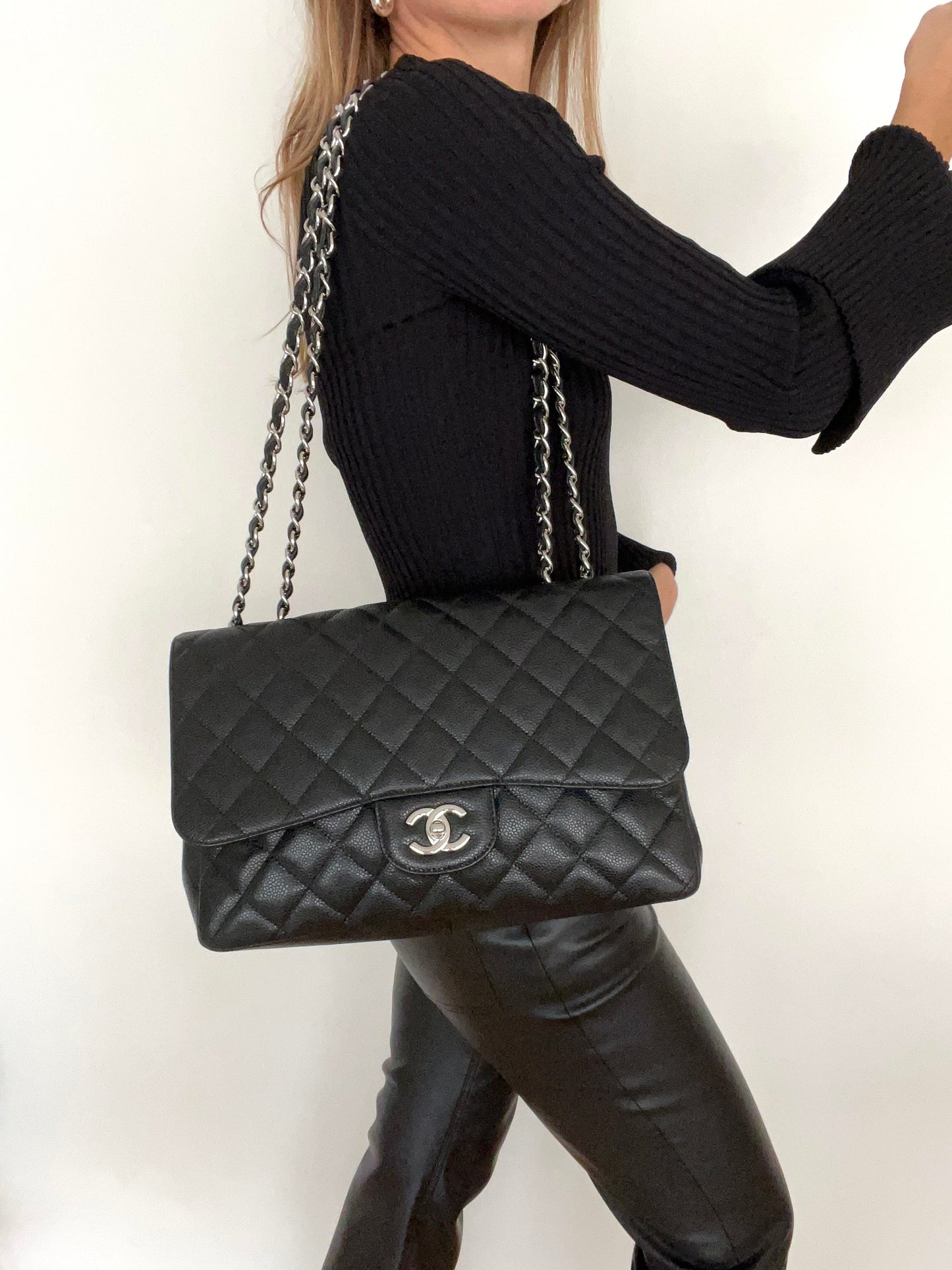 Jumbo Single Flap Caviar Leather and Silver Hardware
