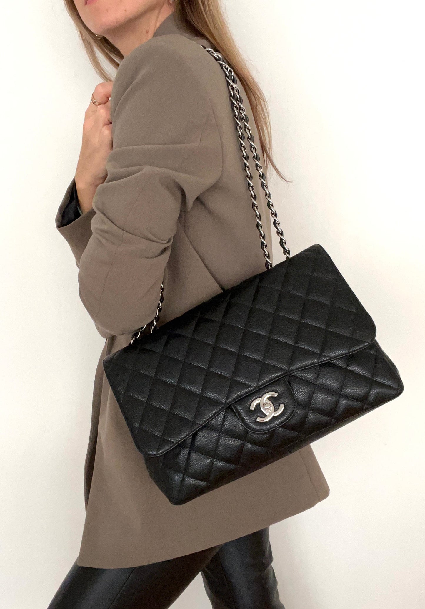 Jumbo Single Flap Caviar Leather and Silver Hardware