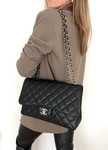 Jumbo Single Flap Caviar Leather and Silver Hardware
