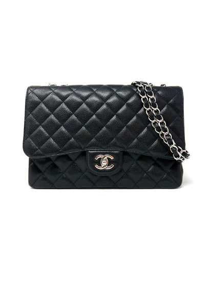 Jumbo Single Flap Caviar Leather and Silver Hardware