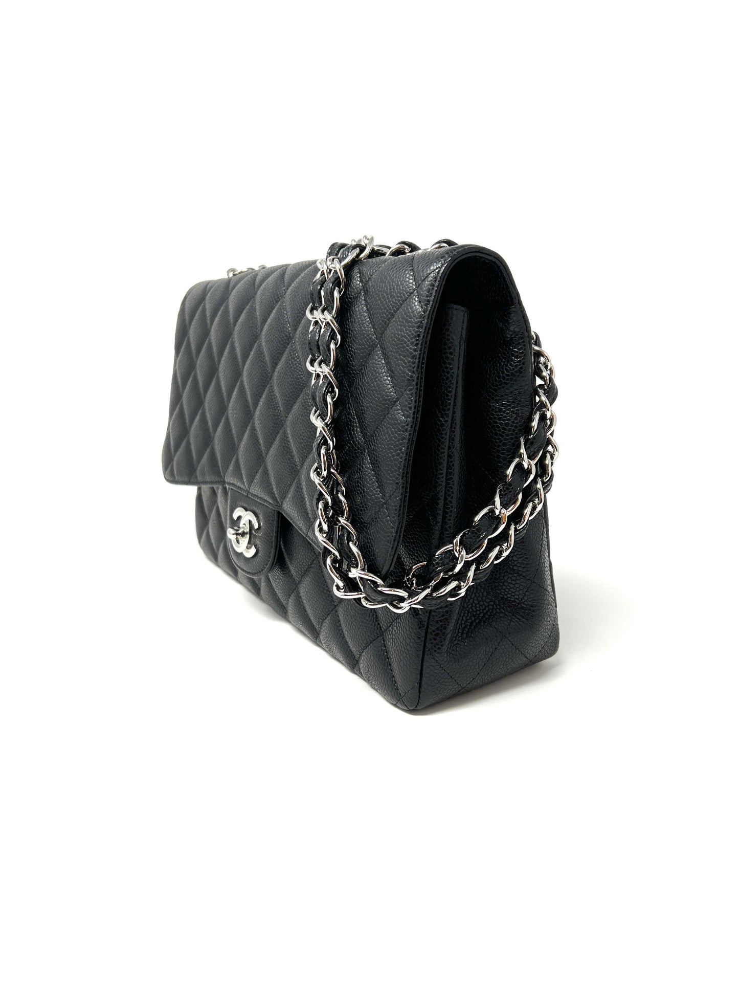 Jumbo Single Flap Caviar Leather and Silver Hardware
