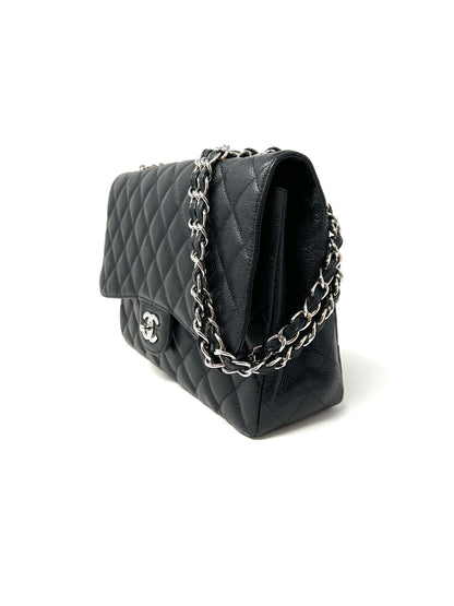Jumbo Single Flap Caviar Leather and Silver Hardware