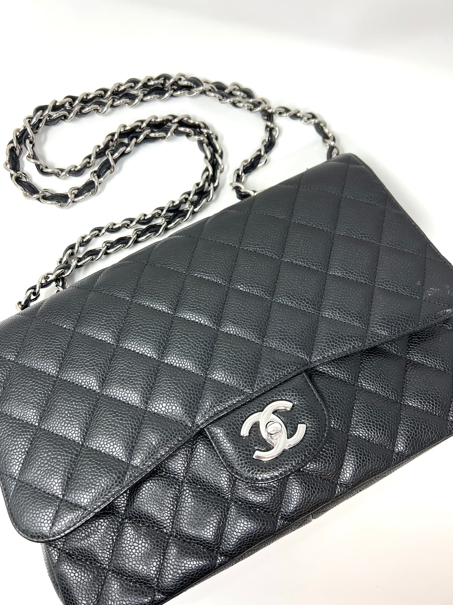 Jumbo Single Flap Caviar Leather and Silver Hardware