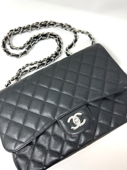 Jumbo Single Flap Caviar Leather and Silver Hardware