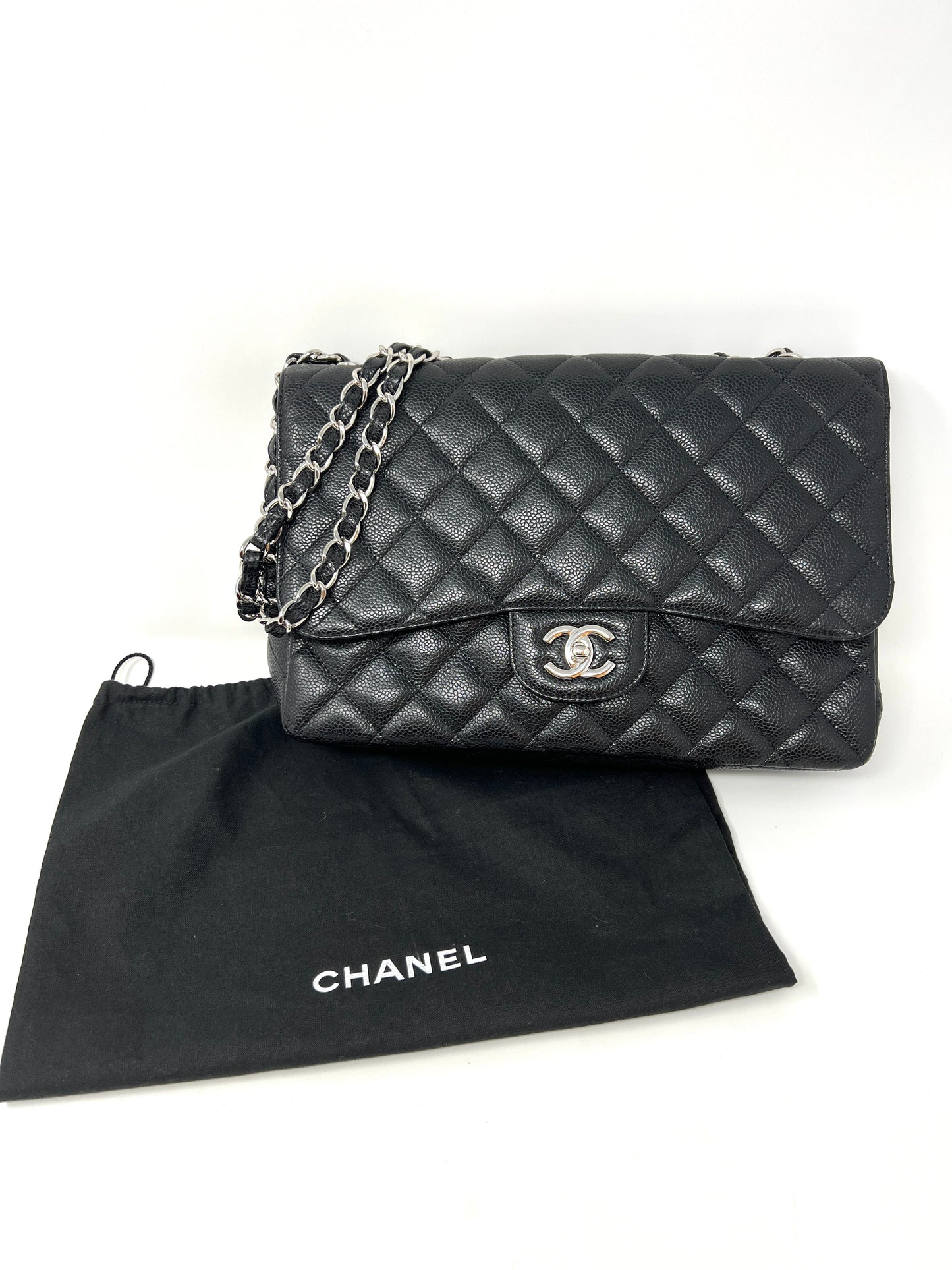 Jumbo Single Flap Caviar Leather and Silver Hardware