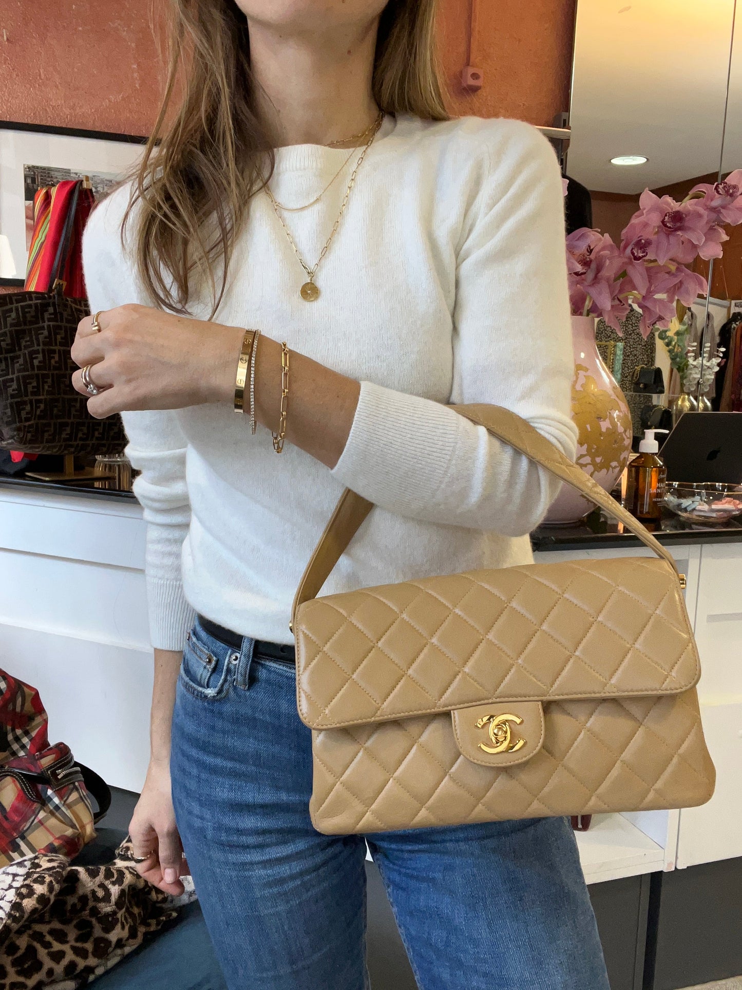 Both Sides Flap Handbag Beige