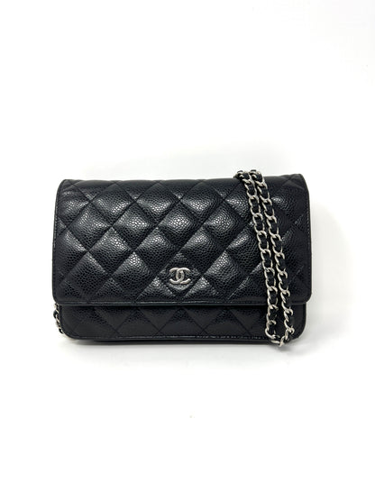 Wallet on Chain Black Caviar Leather and Silver Hardware