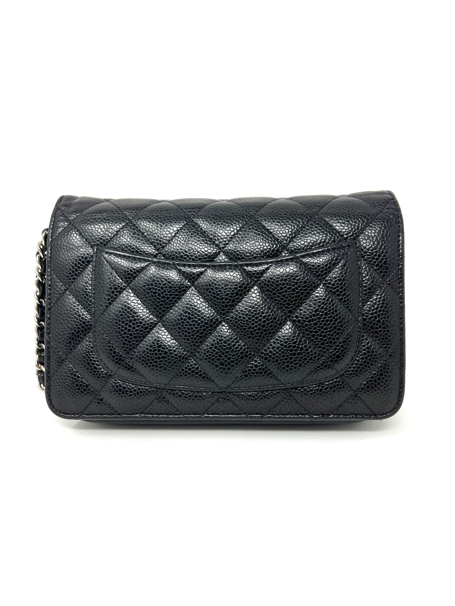 Wallet on Chain Black Caviar Leather and Silver Hardware