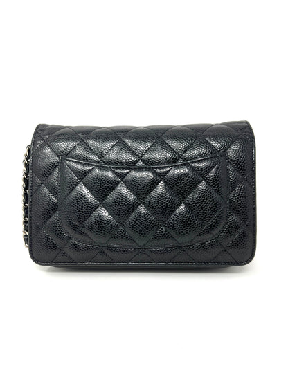Wallet on Chain Black Caviar Leather and Silver Hardware