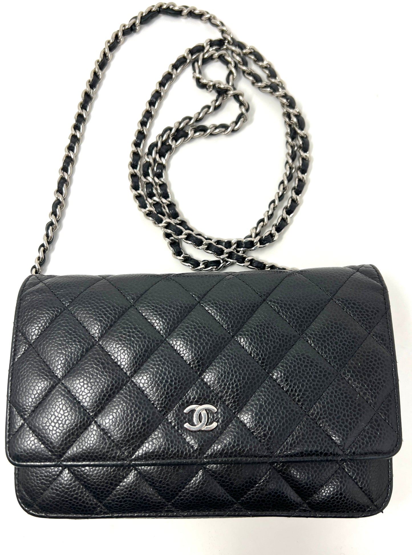 Wallet on Chain Black Caviar Leather and Silver Hardware