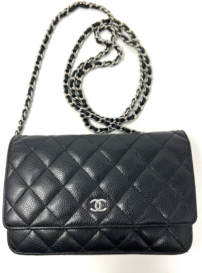Wallet on Chain Black Caviar Leather and Silver Hardware