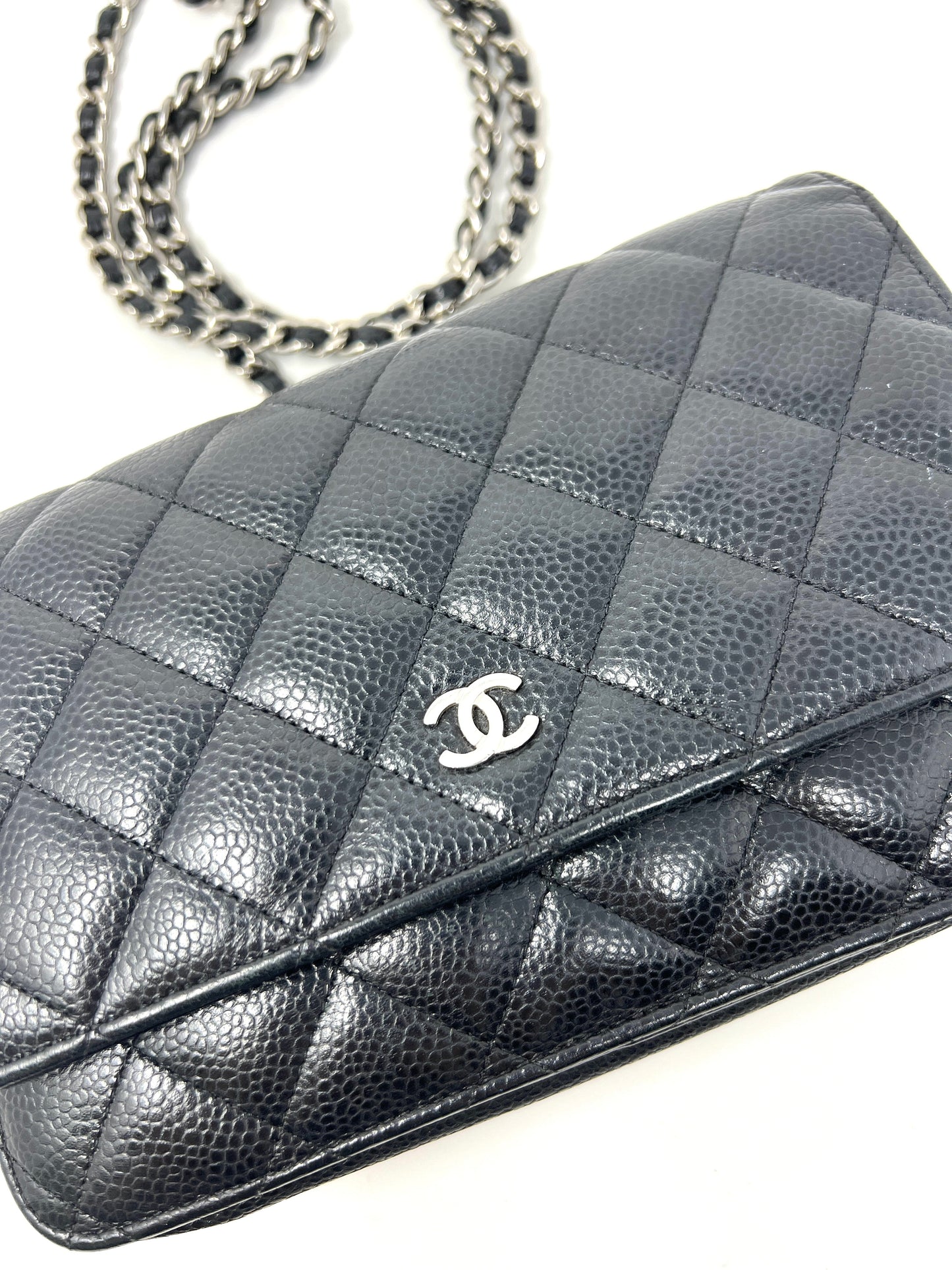 Wallet on Chain Black Caviar Leather and Silver Hardware