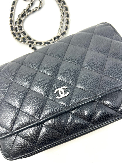 Wallet on Chain Black Caviar Leather and Silver Hardware