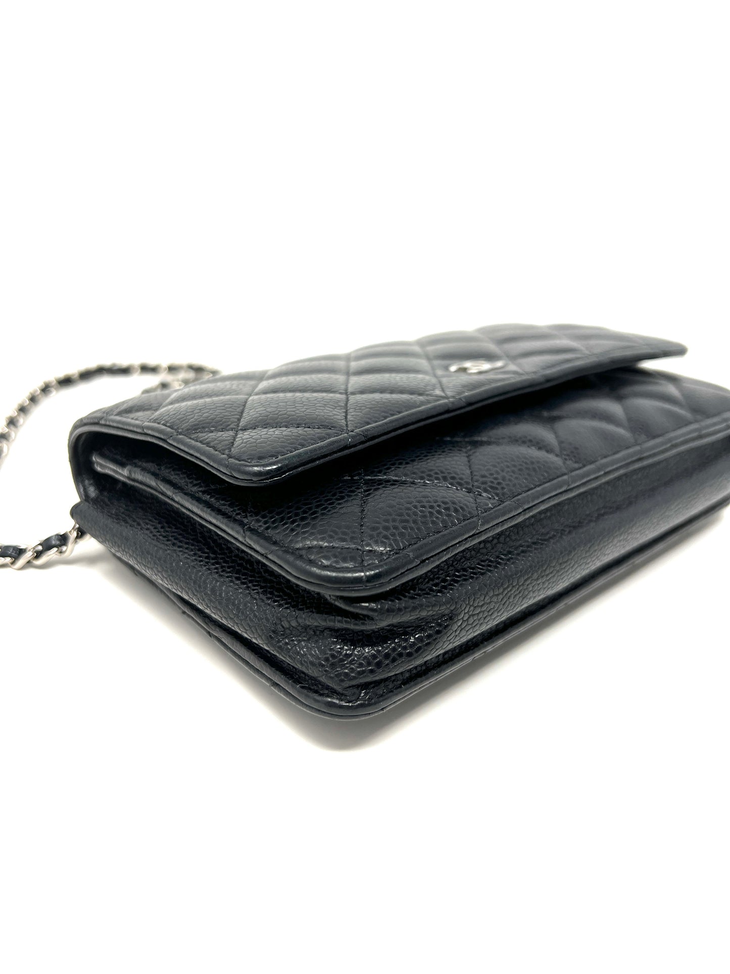 Wallet on Chain Black Caviar Leather and Silver Hardware