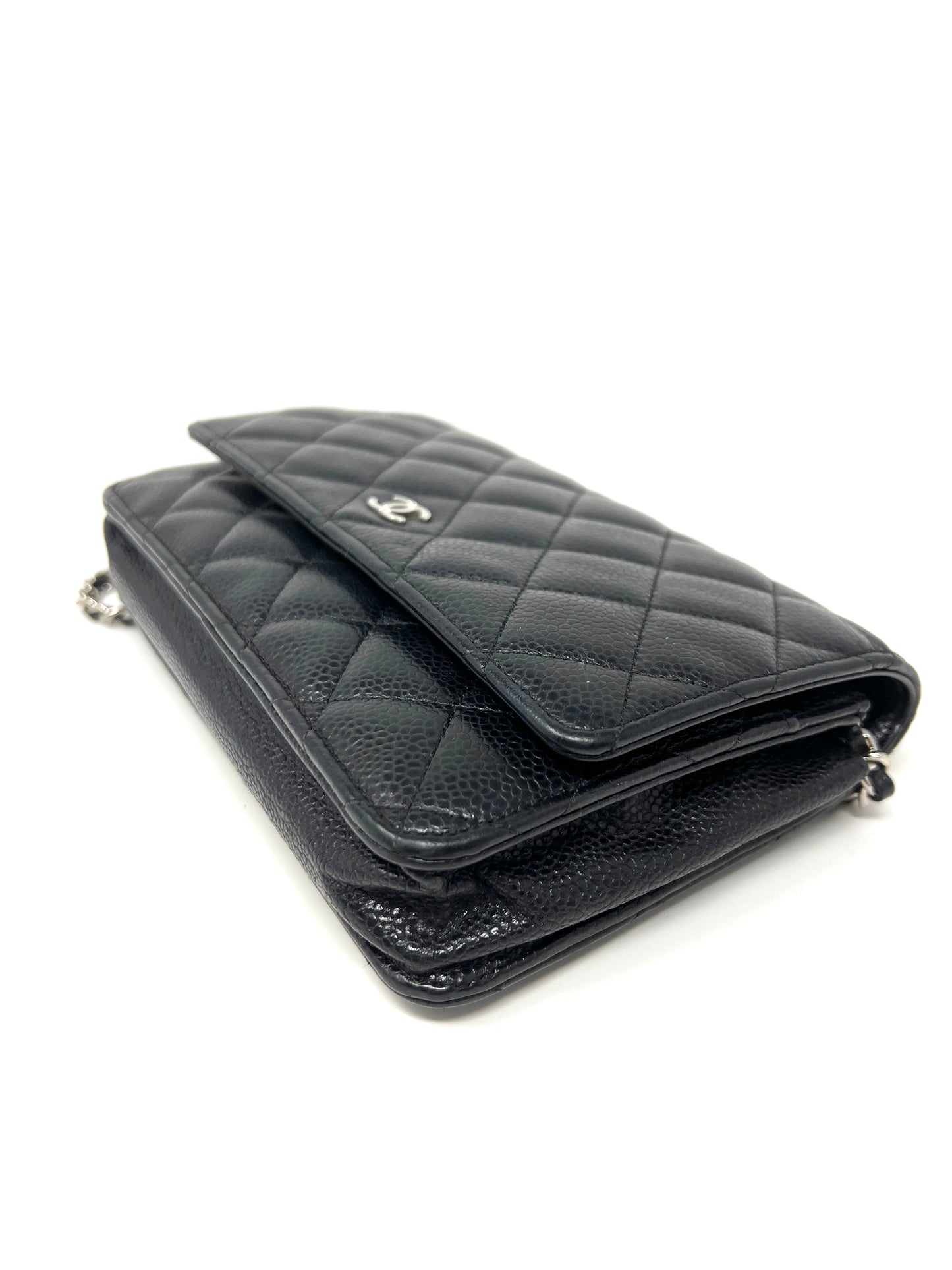 Wallet on Chain Black Caviar Leather and Silver Hardware