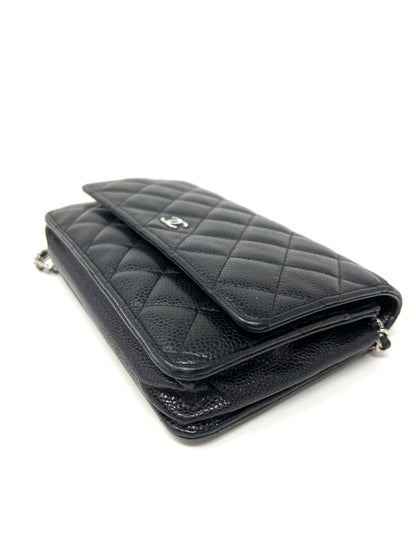 Wallet on Chain Black Caviar Leather and Silver Hardware