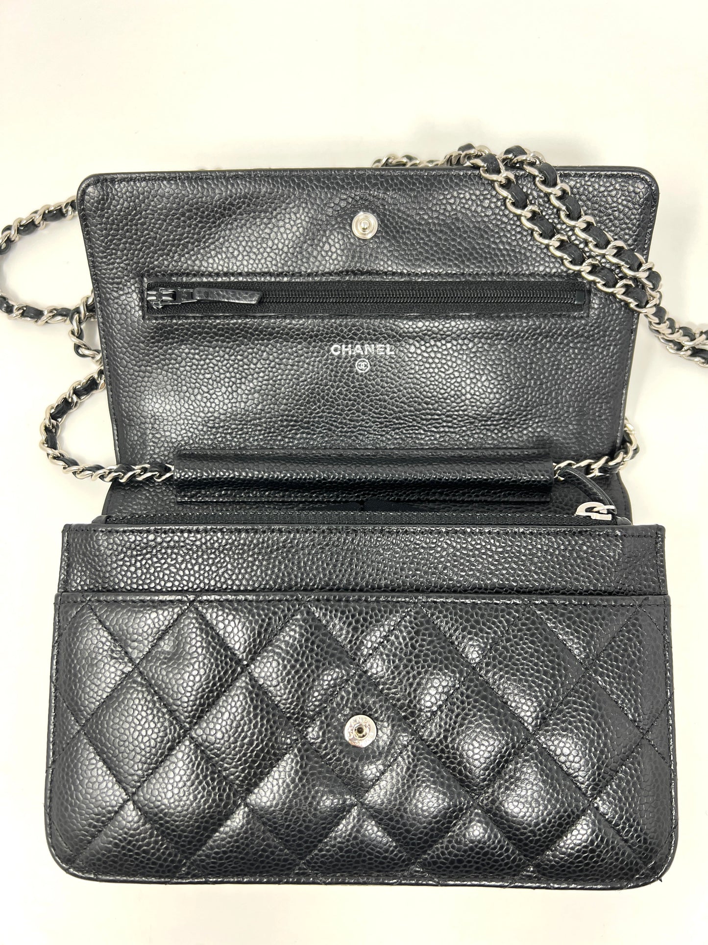 Wallet on Chain Black Caviar Leather and Silver Hardware