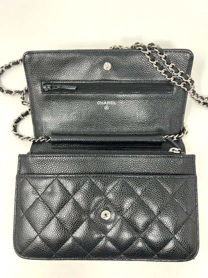 Wallet on Chain Black Caviar Leather and Silver Hardware