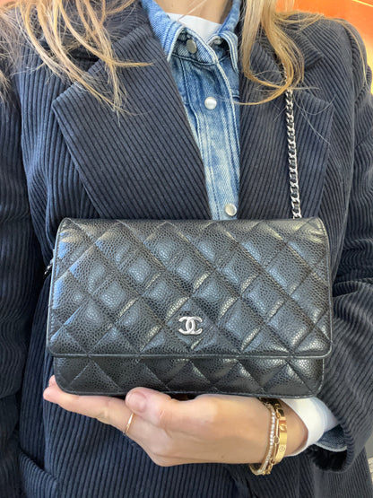 Wallet on Chain Black Caviar Leather and Silver Hardware