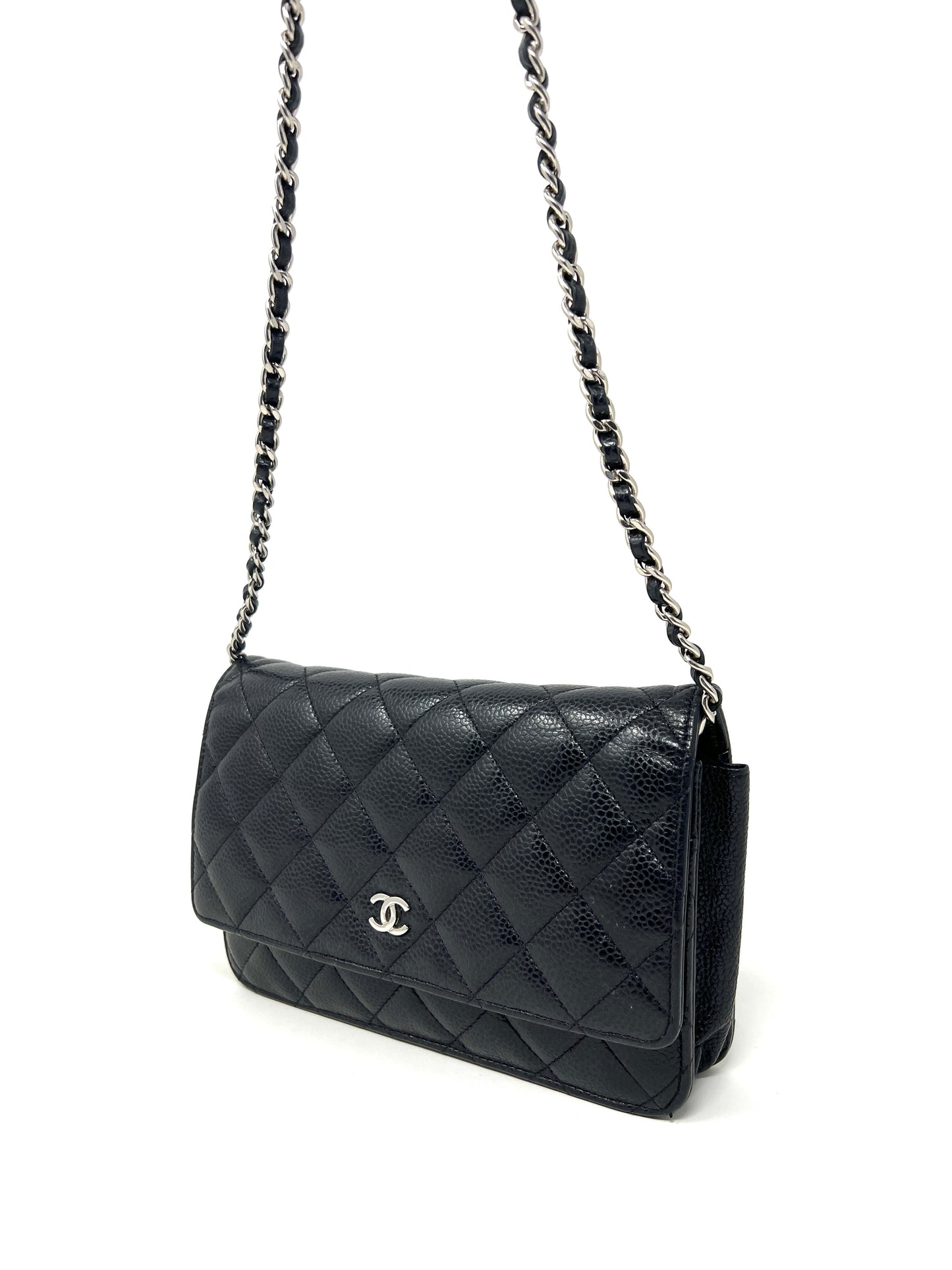 Wallet on Chain Black Caviar Leather and Silver Hardware