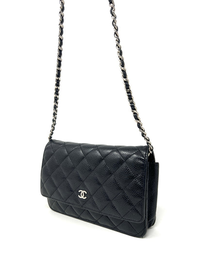 Wallet on Chain Black Caviar Leather and Silver Hardware