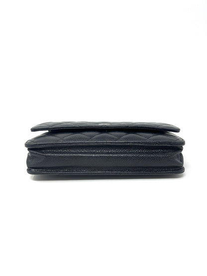 Wallet on Chain Black Caviar Leather and Silver Hardware