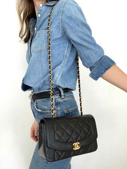Vintage Quilted Lambskin Small Diana Flap with Gold Hardware