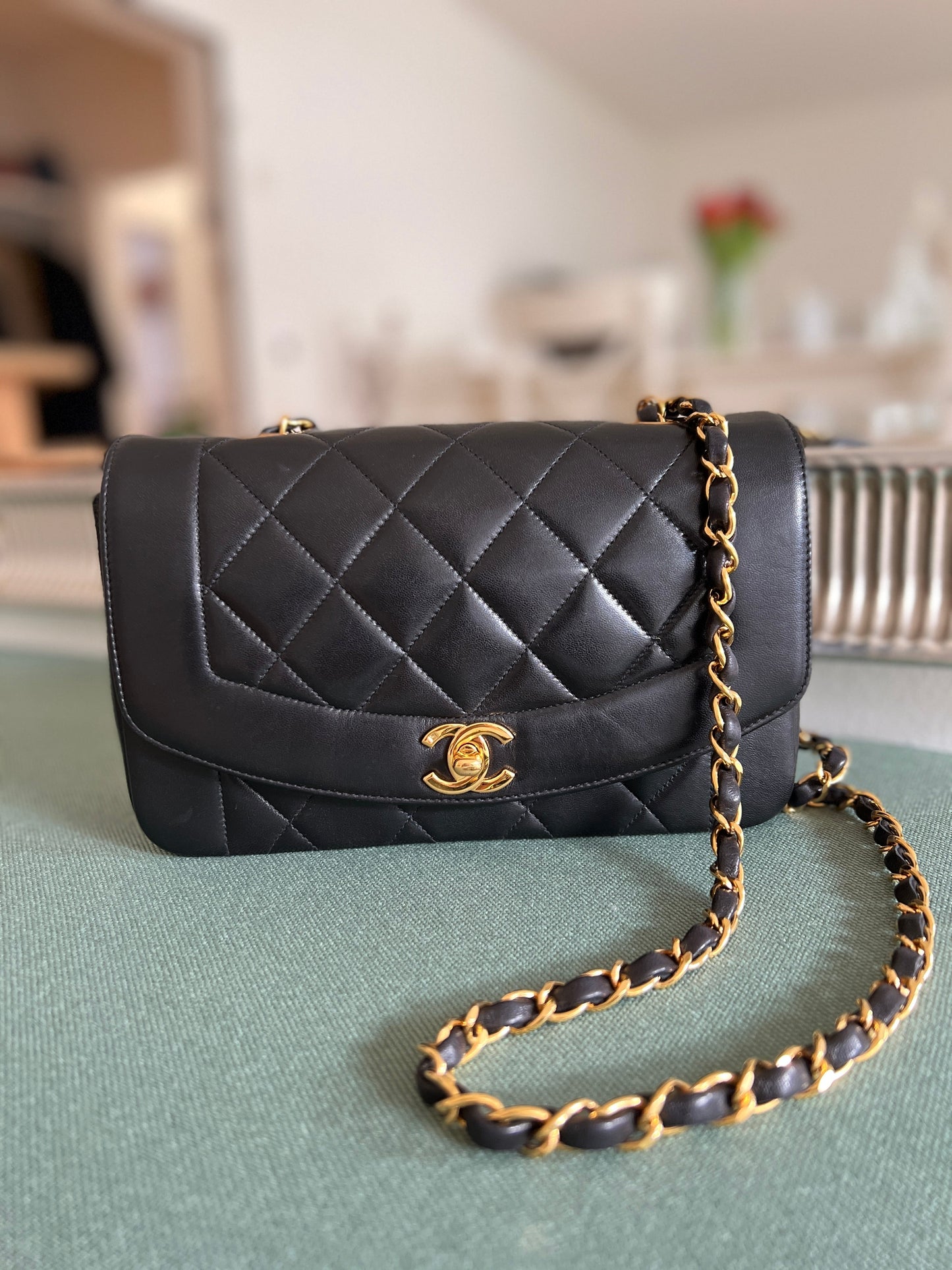 Vintage Quilted Lambskin Small Diana Flap with Gold Hardware