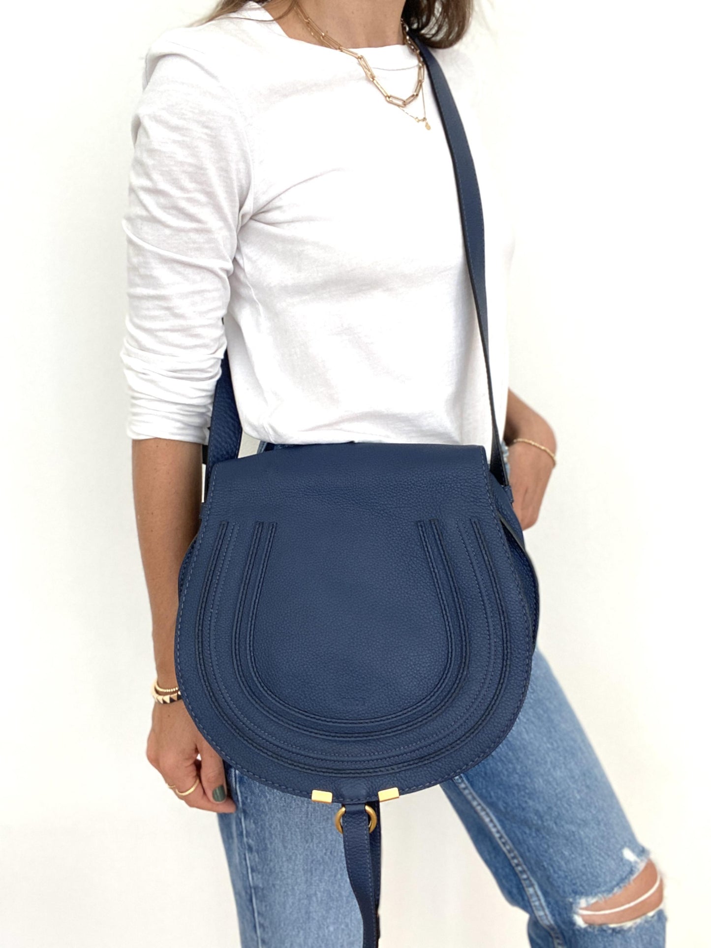 MARCIE Medium Leather Shoulder Bag in Royal Navy