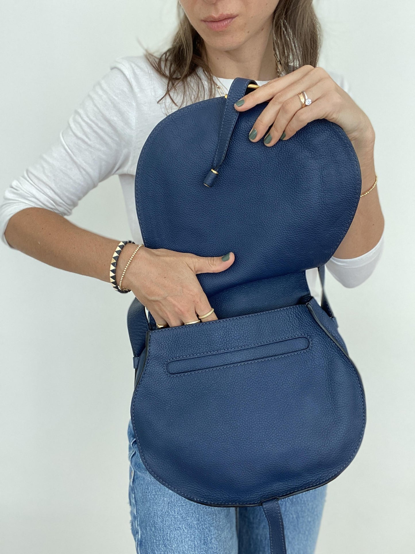 MARCIE Medium Leather Shoulder Bag in Royal Navy
