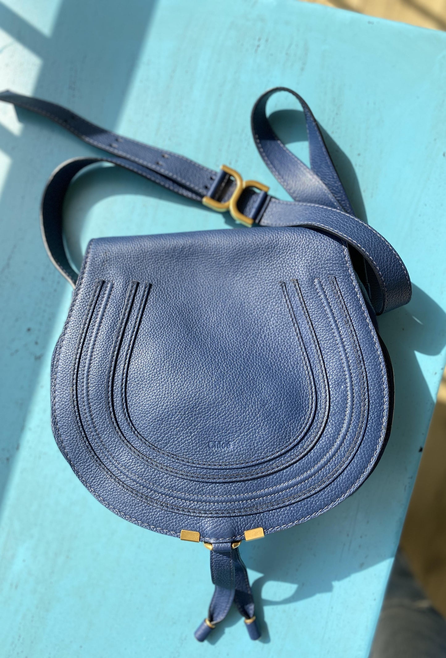 MARCIE Medium Leather Shoulder Bag in Royal Navy