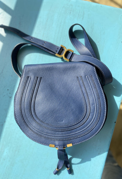 MARCIE Medium Leather Shoulder Bag in Royal Navy