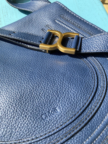 MARCIE Medium Leather Shoulder Bag in Royal Navy