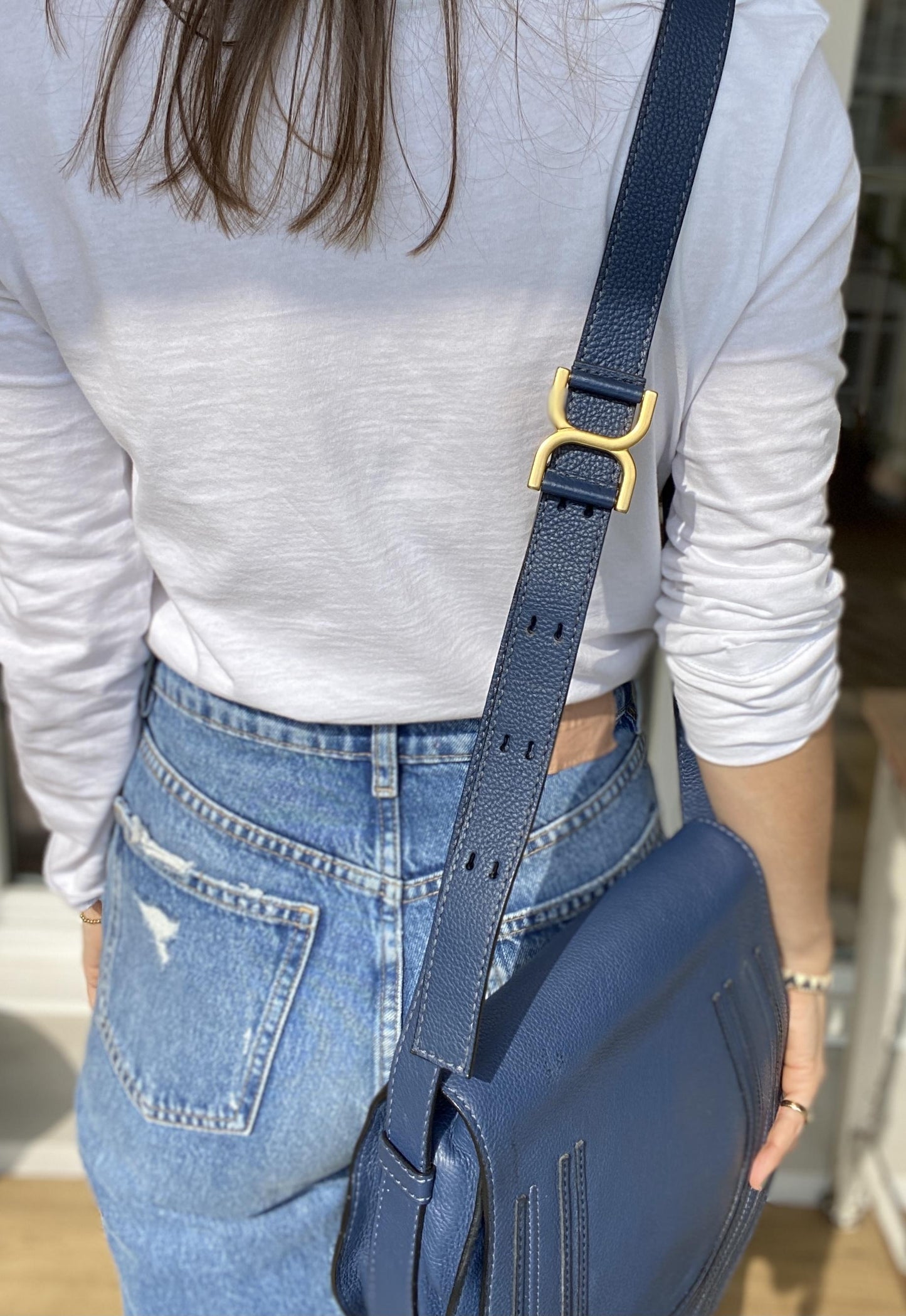 MARCIE Medium Leather Shoulder Bag in Royal Navy