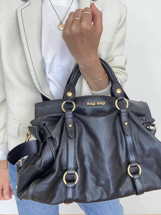 Vitello Lux Large Bow Bag in Black