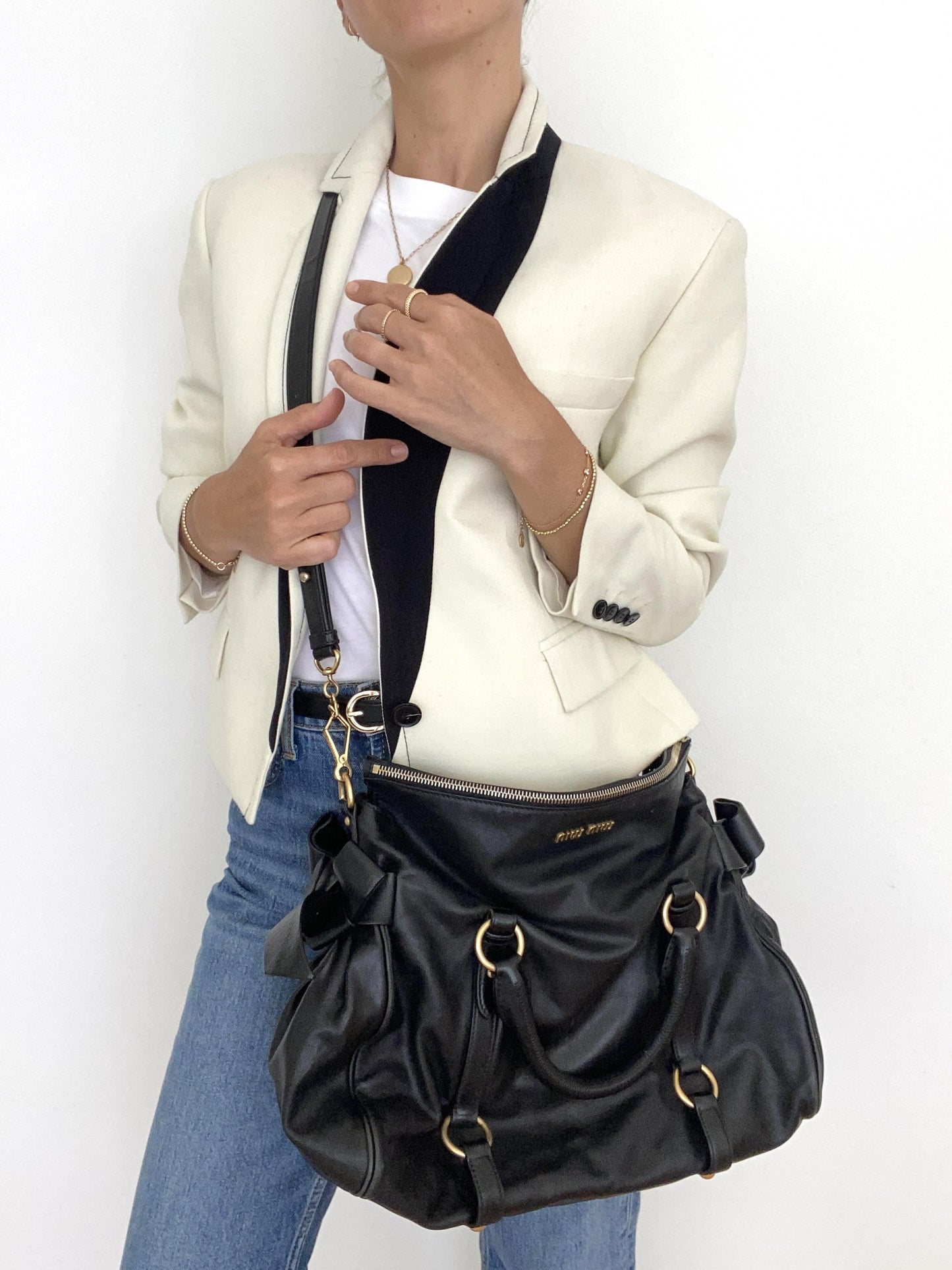 Vitello Lux Large Bow Bag in Black