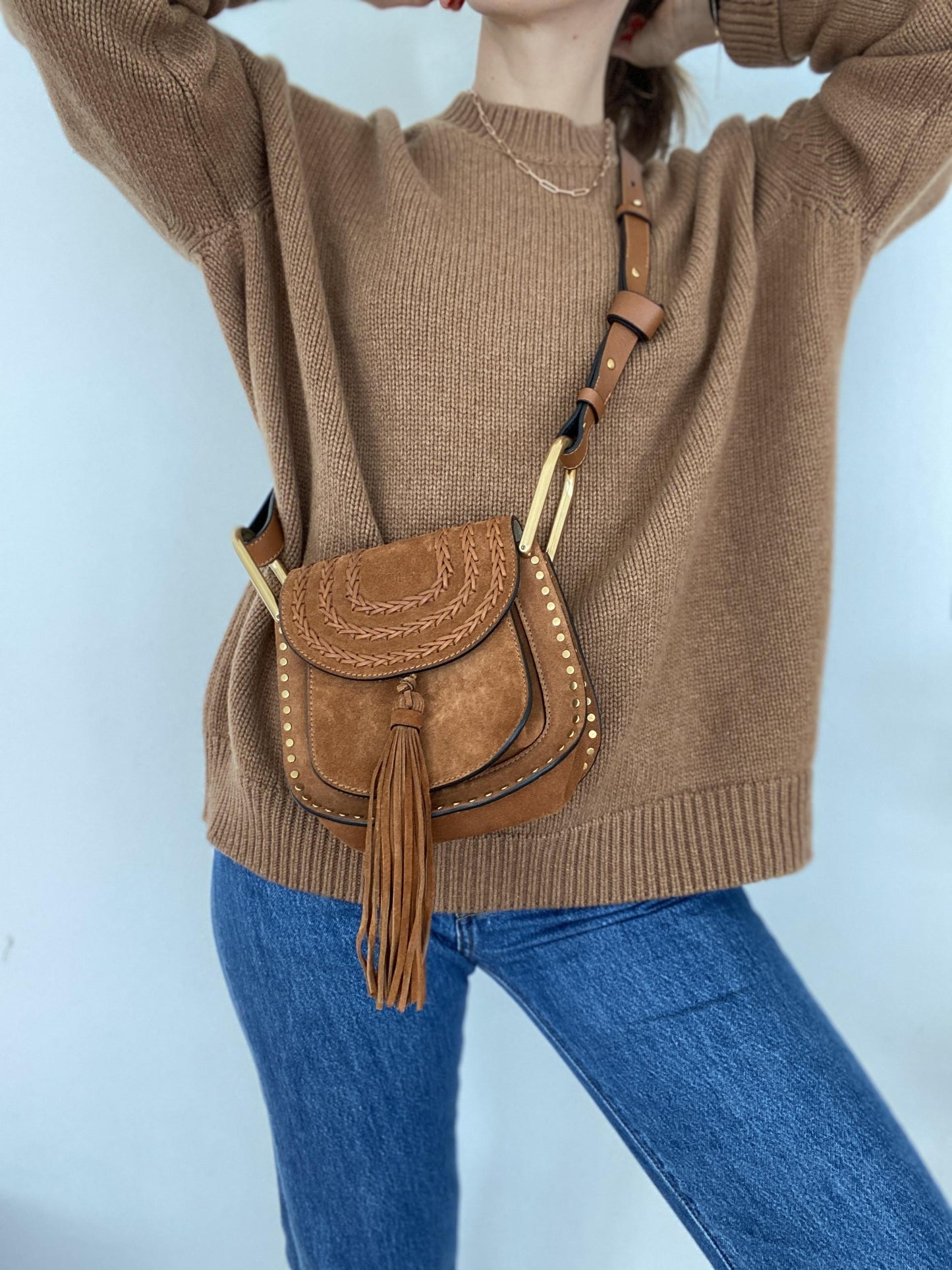 Chloé Hudson mini whipstitched suede shoulder bag in Tan