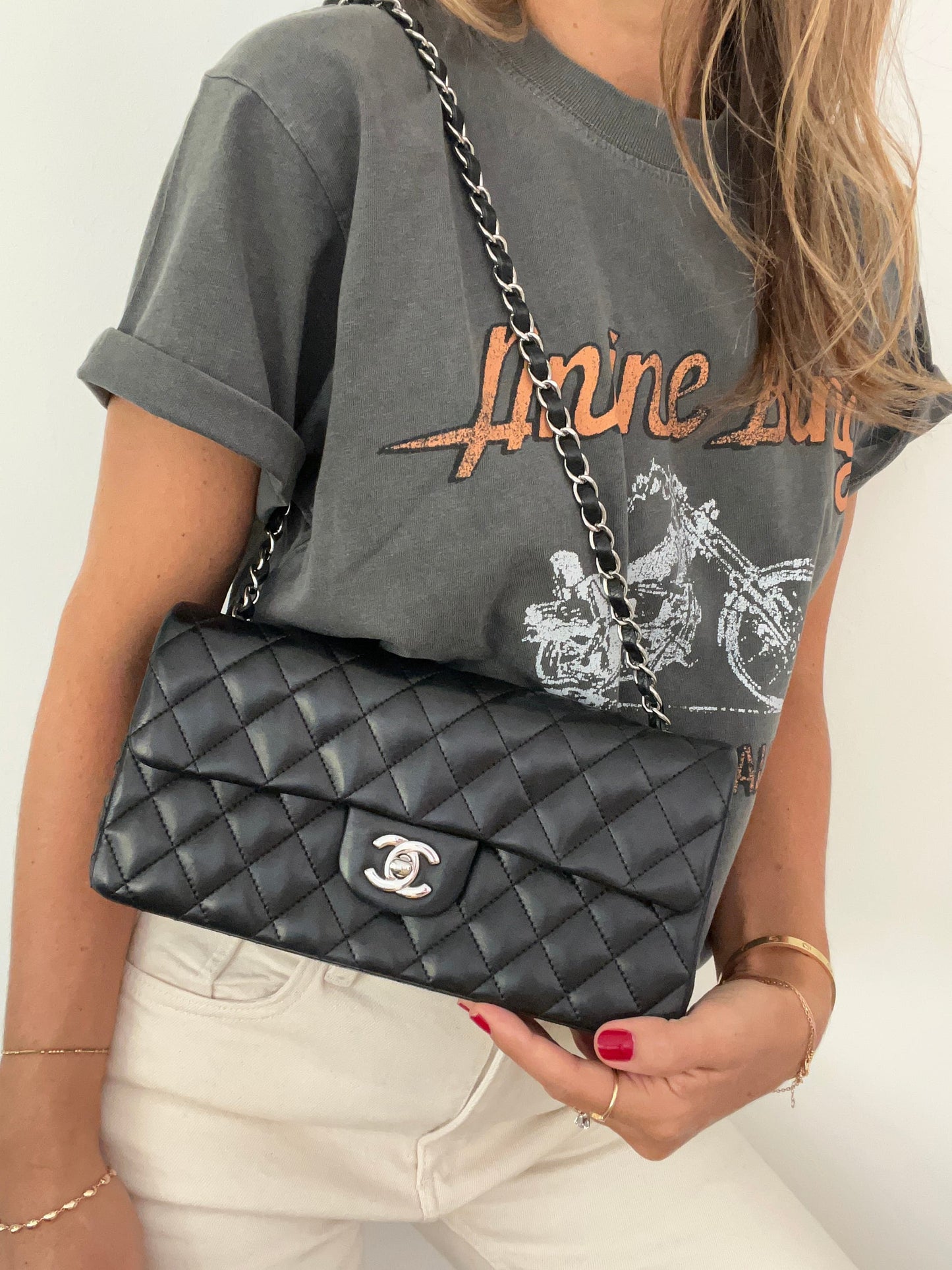 East West Flap Bag in Black Lambskin and Silver Hardware