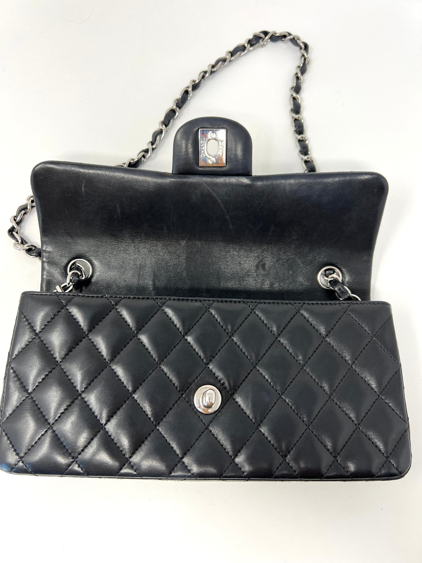 East West Flap Bag in Black Lambskin and Silver Hardware