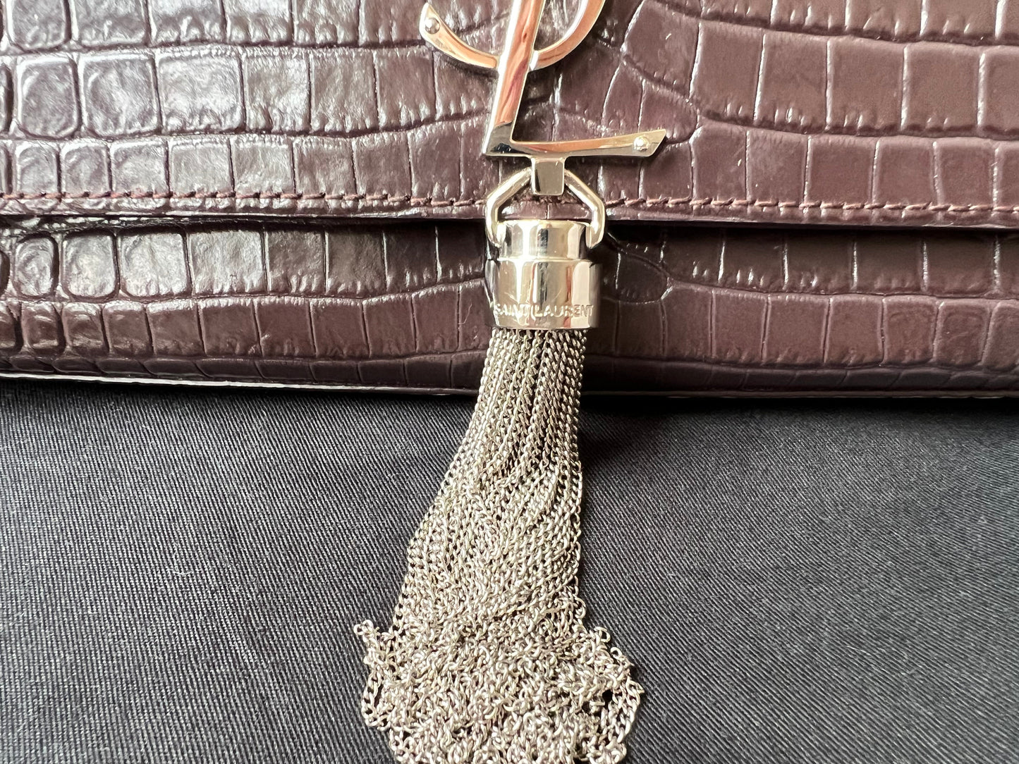 Yves Saint Laurent (YSL) Burgundy Croc Medium Kate Tassel with Silver Hardware