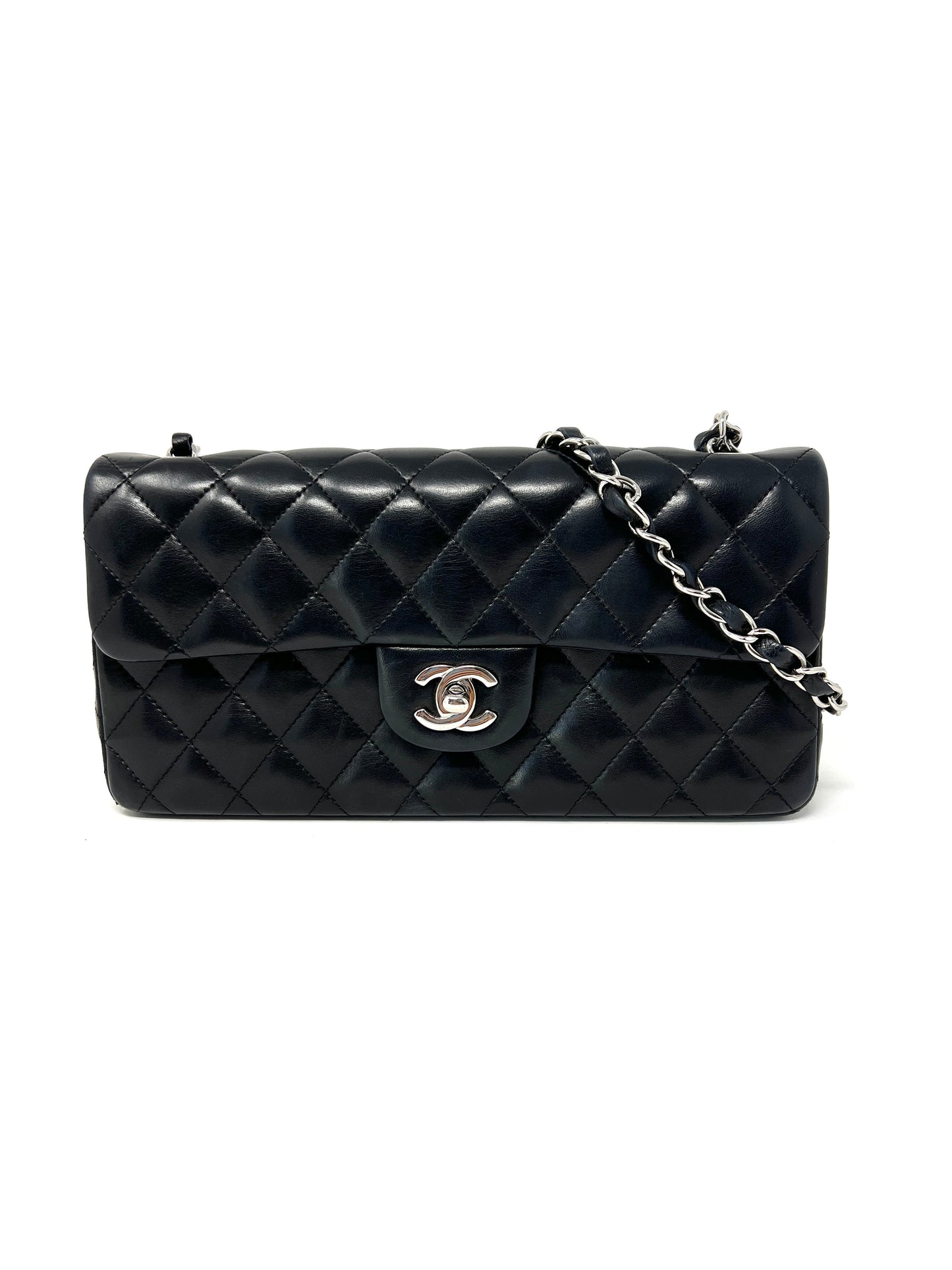 East West Flap Bag in Black Lambskin and Silver Hardware
