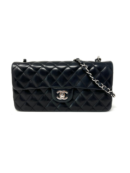East West Flap Bag in Black Lambskin and Silver Hardware