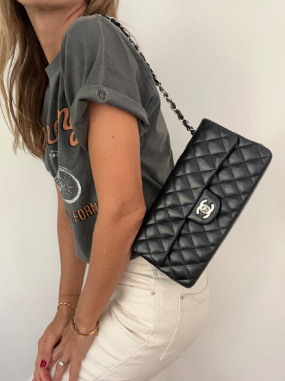 East West Flap Bag in Black Lambskin and Silver Hardware