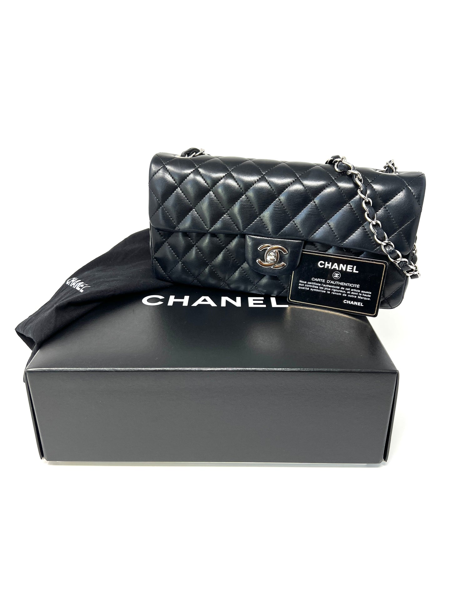 East West Flap Bag in Black Lambskin and Silver Hardware