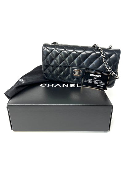 East West Flap Bag in Black Lambskin and Silver Hardware
