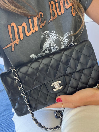 East West Flap Bag in Black Lambskin and Silver Hardware