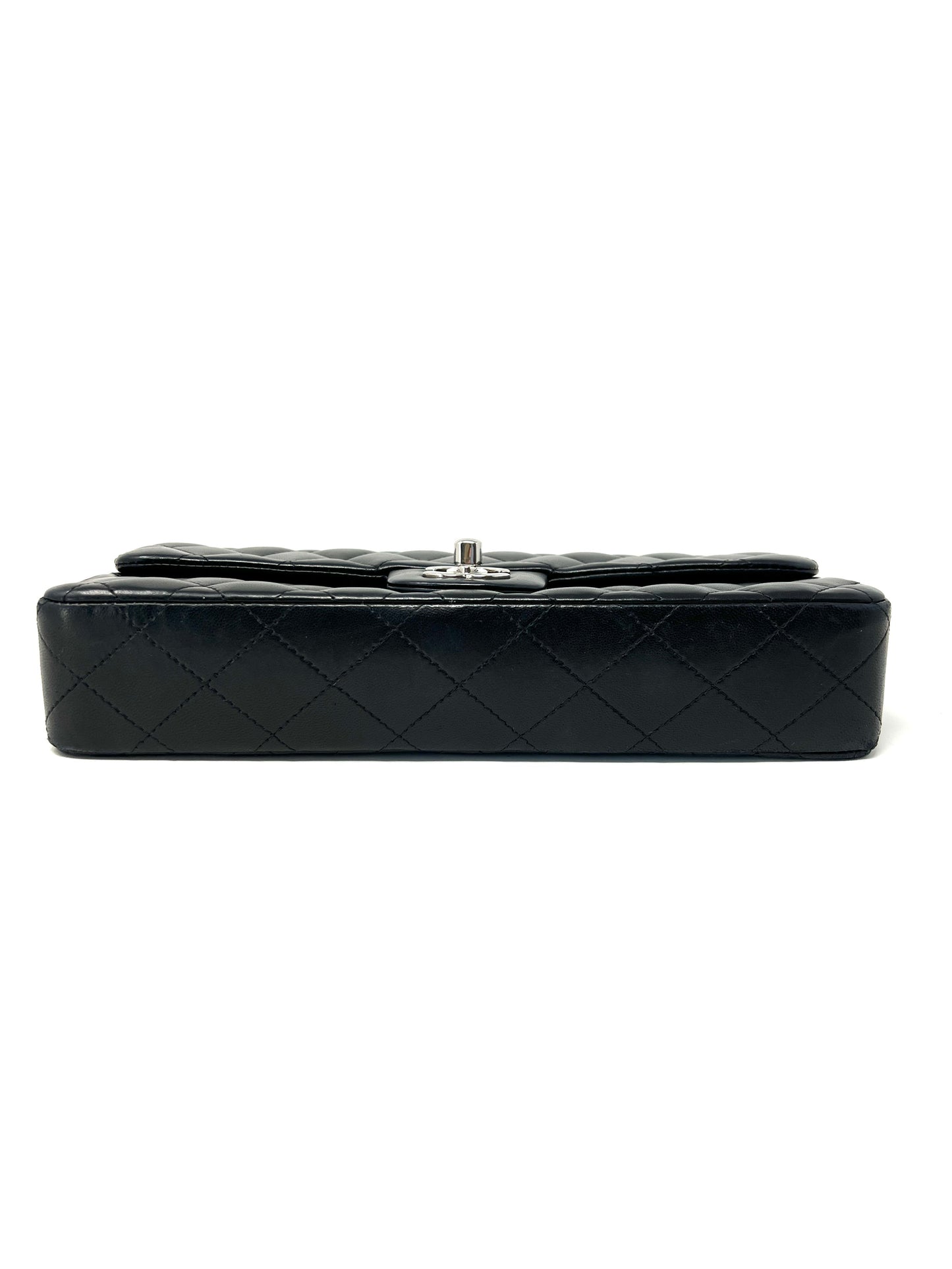East West Flap Bag in Black Lambskin and Silver Hardware