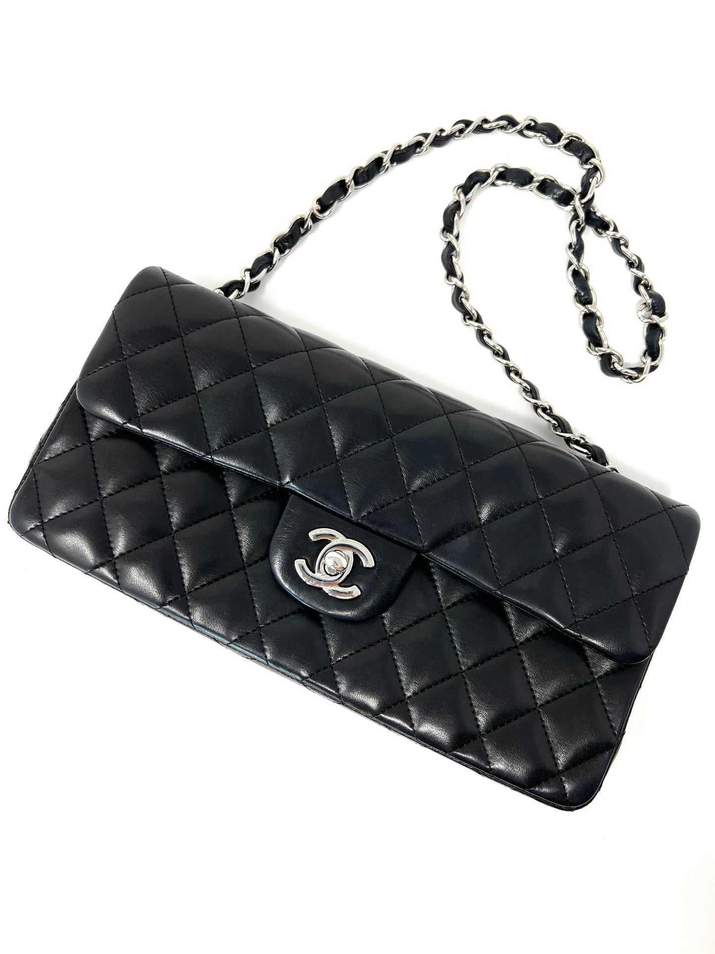 East West Flap Bag in Black Lambskin and Silver Hardware